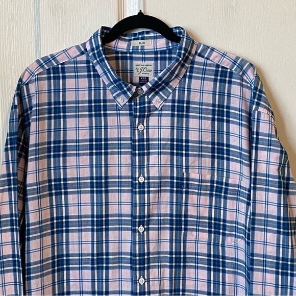 J. Crew Secret Wash Heather Poplin Slim Shirt Long Sleeve Plaid Pink Blue XXL - Picture 2 of 8